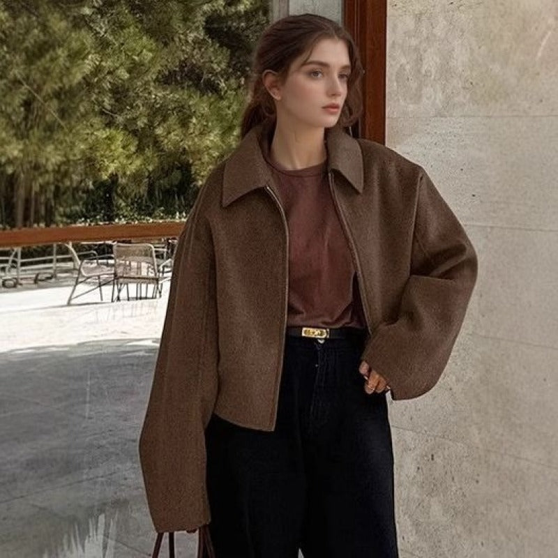 Gianna | Women's Jacket - Cropped Wool-Blend Wide Collar