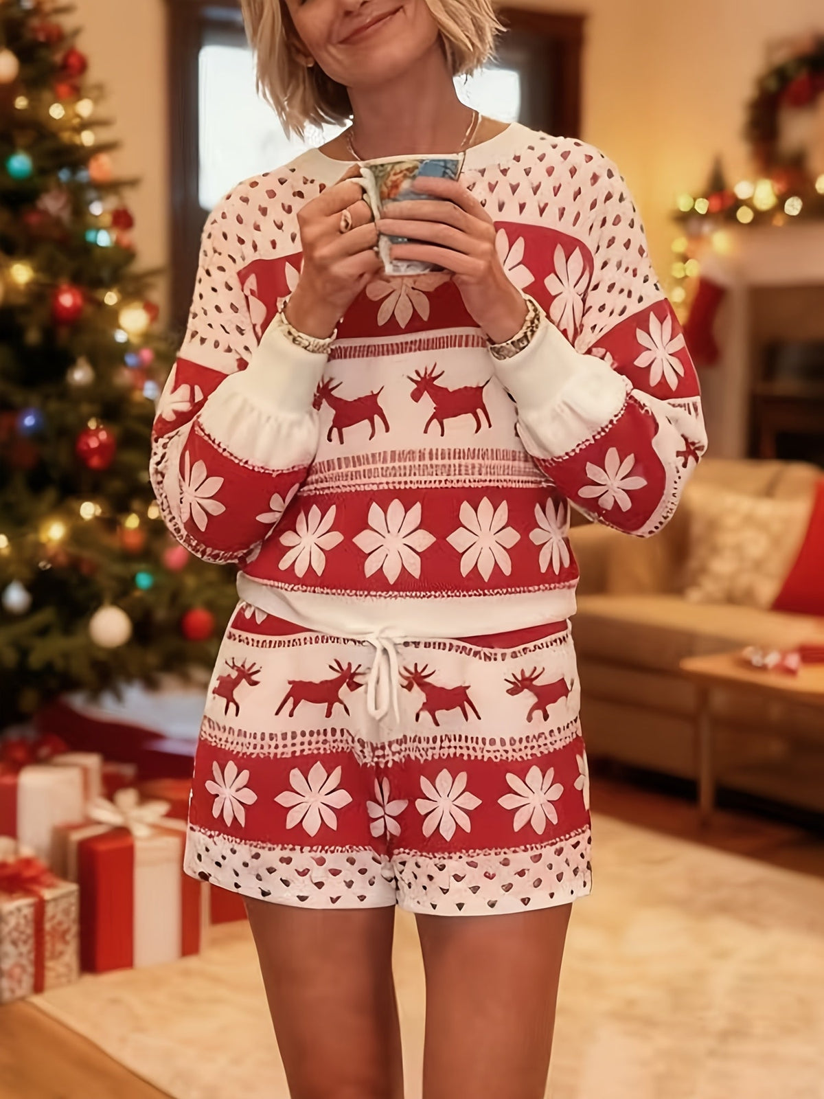Cozy Snowflake Christmas Holiday Pajamas for Women with Round Neck Long Sleeve Reindeer Two Piece Style
