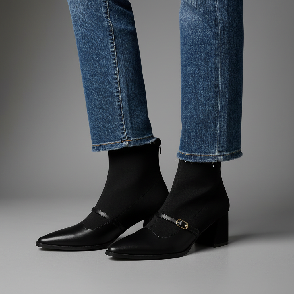 Elizabeth | Women's Ankle Boots - Faux Suede Pointed Toe Block Heel Buckle