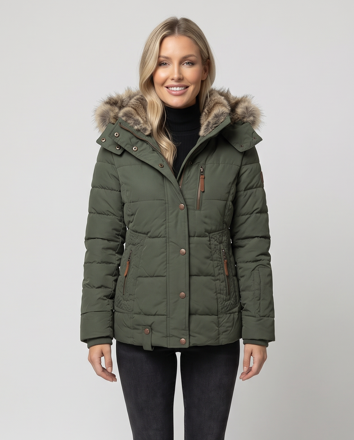 Women's quilted winter puffer jacket with a faux fur lined hood, snap button placket over a zip, zip pockets with leather pulls and a fitted waist in Green, front view