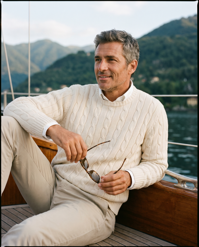 Man in a cream cable-knit sweater on a wooden sailboat