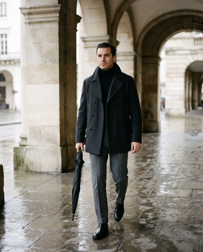 Man in a charcoal peacoat walking under a stone arcade in the rain
