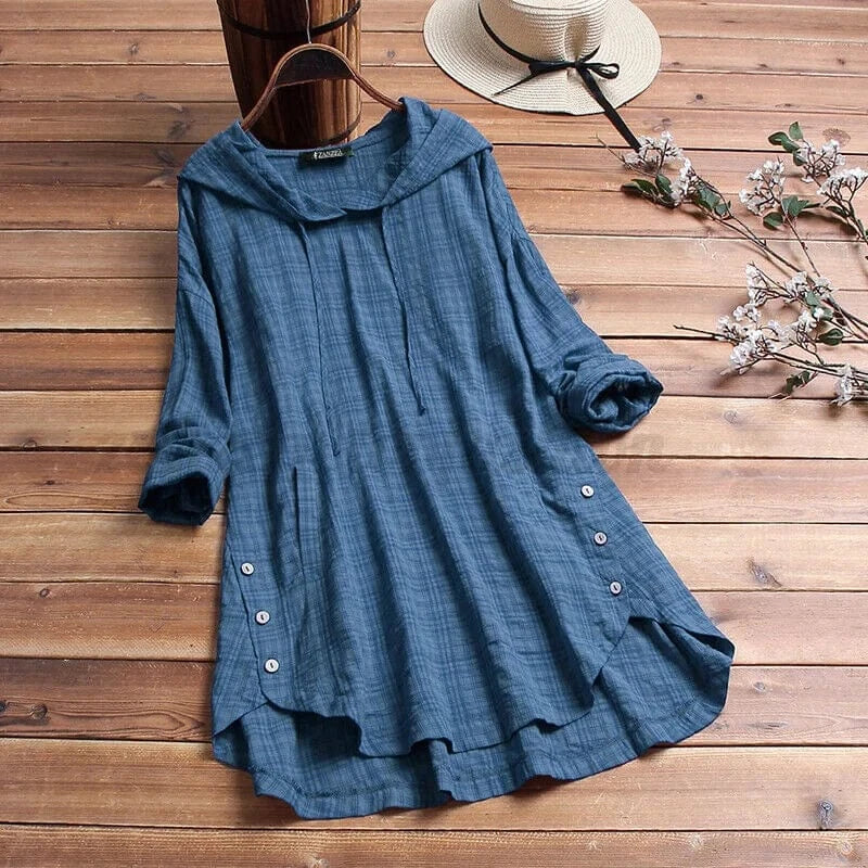 Abigail | Women's Hoodie - Tunic Length Boho Relaxed Fit Button Detail
