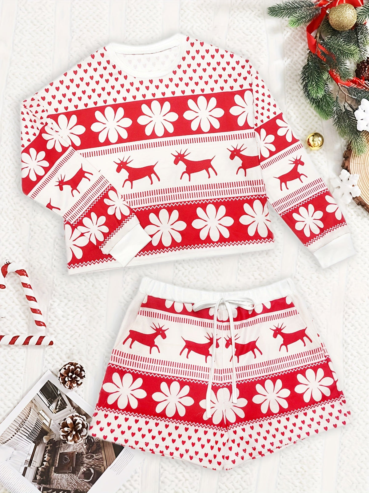 Cozy Snowflake Christmas Holiday Pajamas for Women with Round Neck Long Sleeve Reindeer Two Piece Style