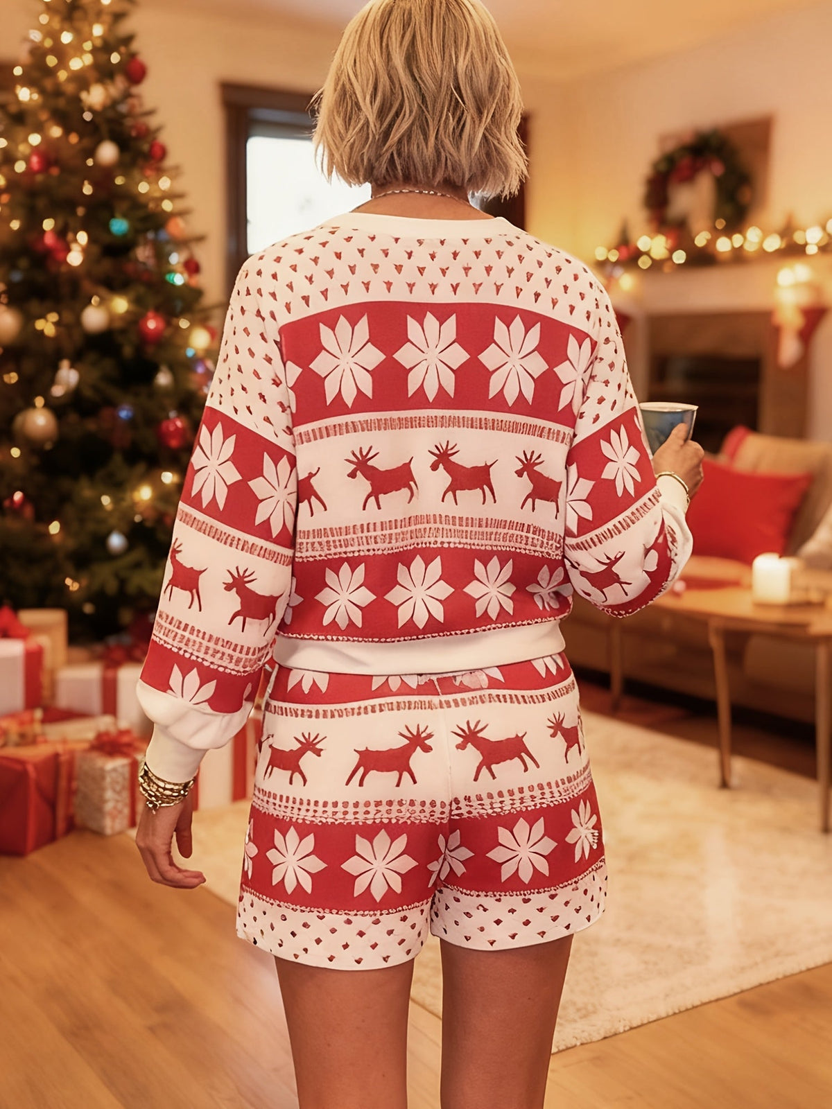 Cozy Snowflake Christmas Holiday Pajamas for Women with Round Neck Long Sleeve Reindeer Two Piece Style