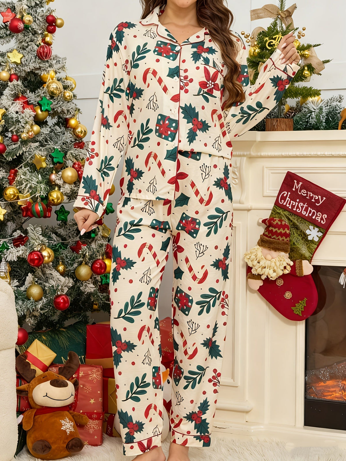 Cozy Candy Cane Print Christmas Pajamas for Women with Notch Collar Long Sleeve Button Front Two Piece Style