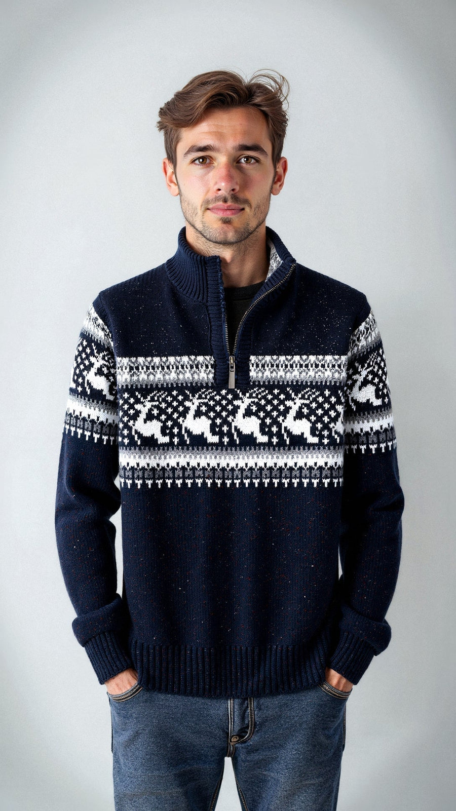 Colin | Men's Christmas Fair Isle Sweater - Reindeer Quarter Zip