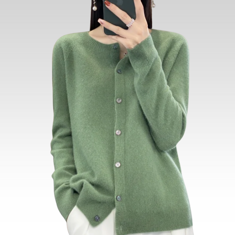 Barbara | Women's Crew Neck Button Up Cardigan - Wool Blend Loose Fit