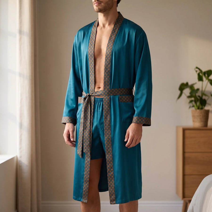 Malcolm | Men's Robe and Shorts Set - Stretch Satin Patterned Trim