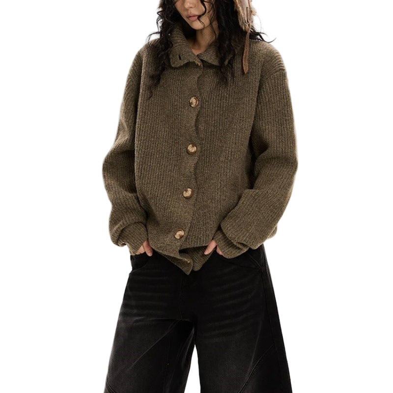 Cynthia | Women's Ribbed Collared Cardigan Sweater - Dropped Shoulder