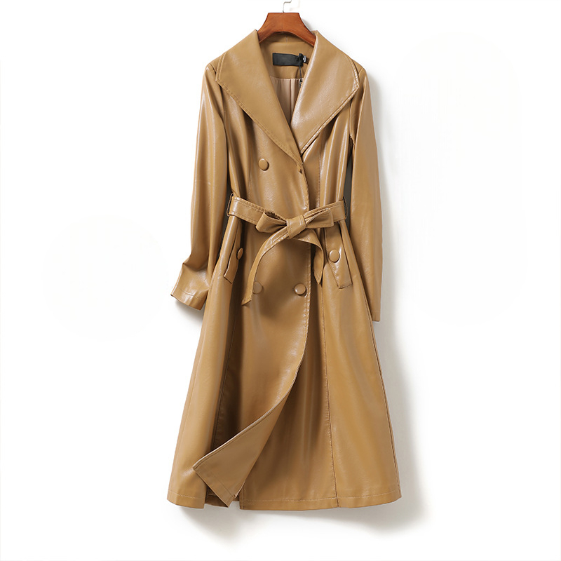 Nicole | Women's Sheepskin Leather Trench Coat - Long Belted Notch Lapel