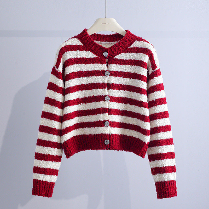 Brenda | Women's Cropped Crew Neck Cardigan - Striped Cashmere Blend