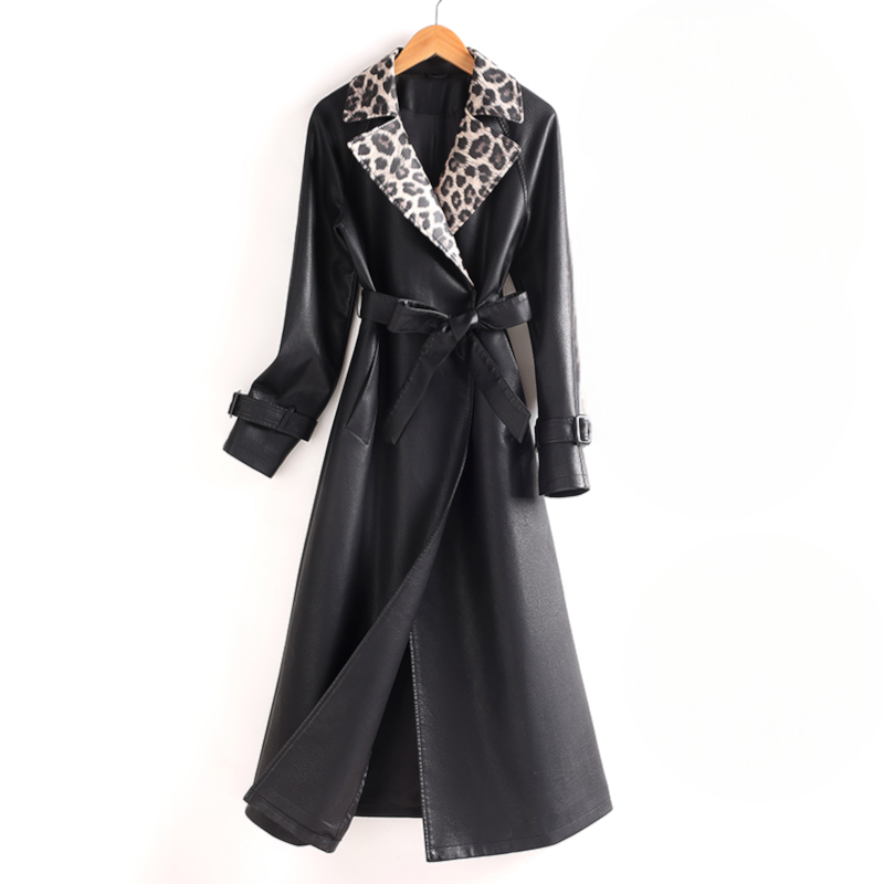 Kristen | Women's Long Leather Trench Coat - Leopard Print Lapels Belted