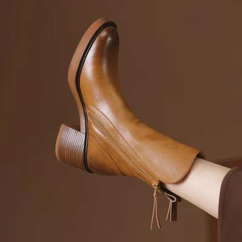 Chloe | Women's Leather Ankle Boots - Low Heel Zip Non-Slip Sole