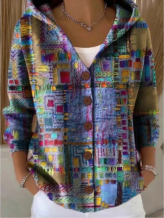 Linda | Women's Long Hooded Cardigan - Printed Knit Button Front
