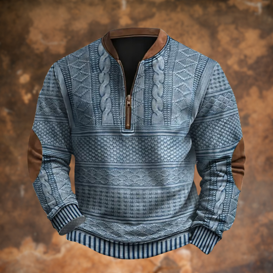 Jacob | Men's Quarter Zip Sweater - Cable Knit Stand Collar Elbow Patch