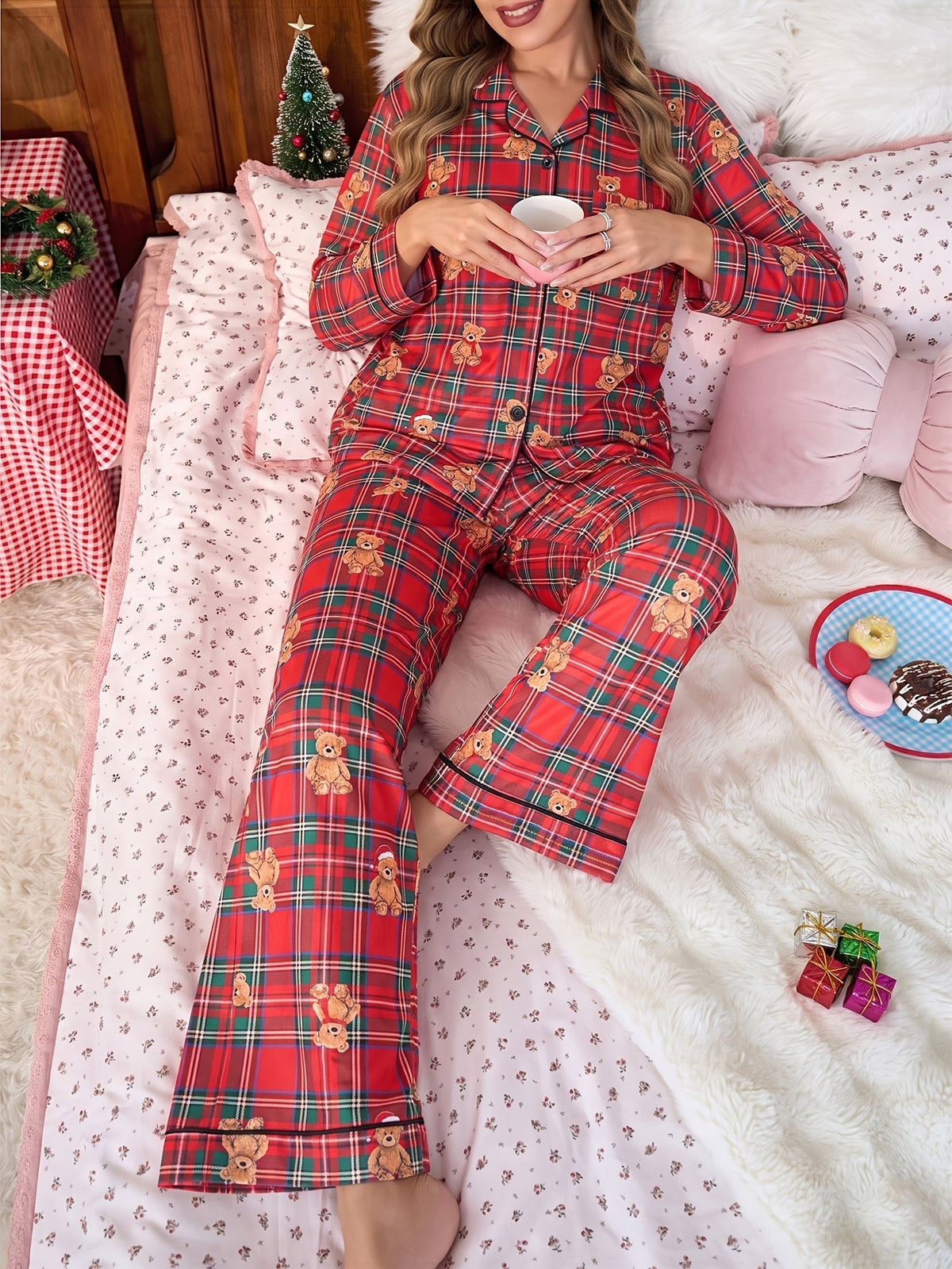 Cozy Plaid Christmas Pajamas for Women with Notch Collar Long Sleeve Bear Print Two Piece Style