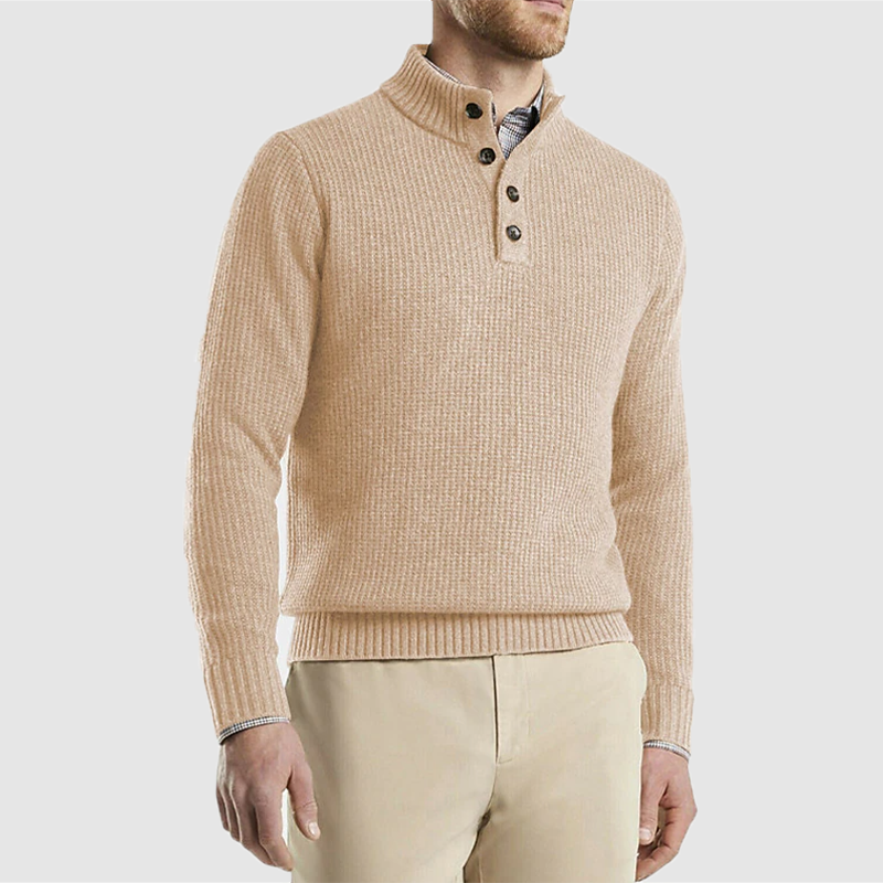 Ruben | Men's Henley Sweater - Stand Collar Waffle Knit Cotton Blend