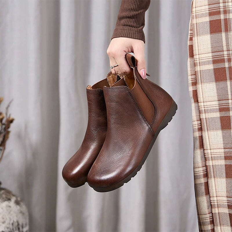 Mia | Women's Leather Chelsea Boots - Flat Sole Round Toe Pull-On