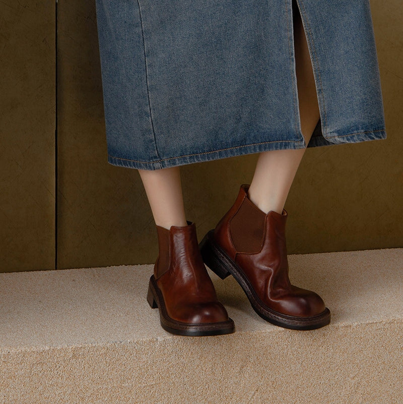 Emma | Women's Leather Chelsea Boots - Washed Finish Block Heel Pull Tab