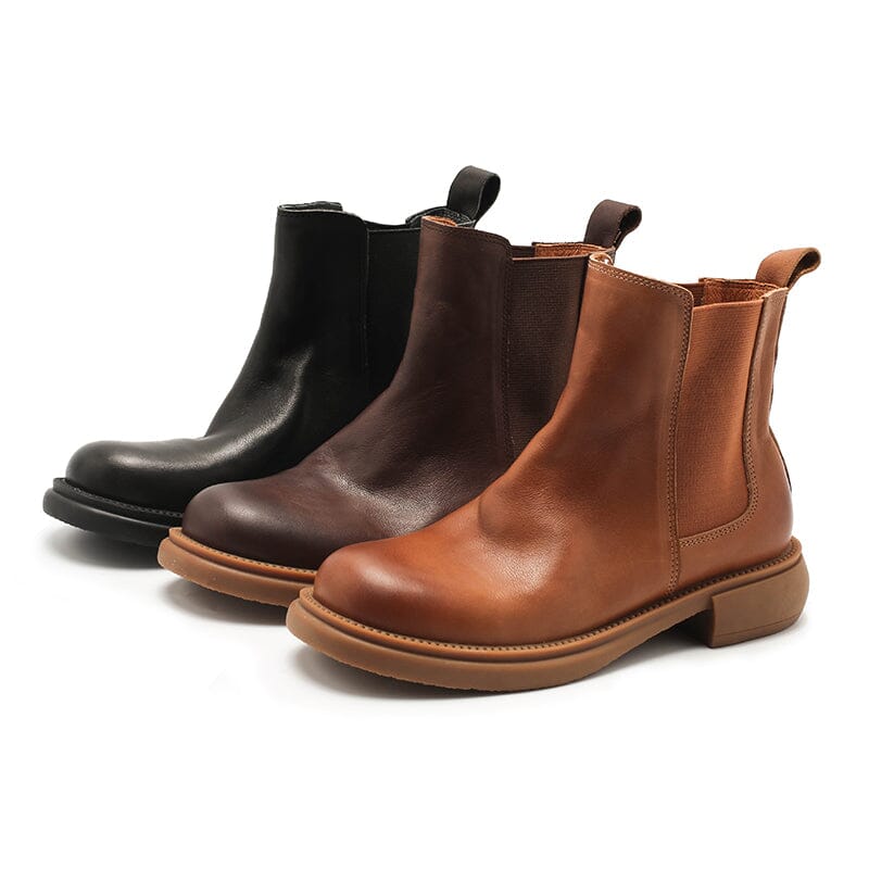 Olivia | Women's Leather Chelsea Boots - Low Heel Pull-On Brush-Off Finish