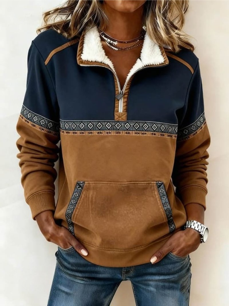 Comfortable Sweatshirt for Women with Sherpa Collar Long Sleeve Quarter Zip Aztec Trim Style