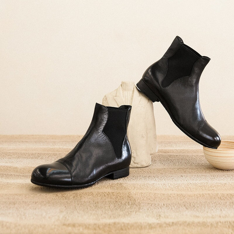 Isabella | Women's Leather Chelsea Boots - Low Block Heel Round Toe