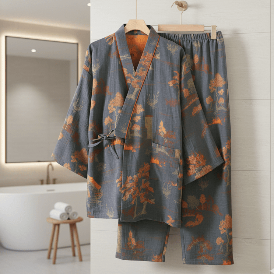 Tasha | Women's Pajama Set - Kimono Style Watercolor Print Cotton