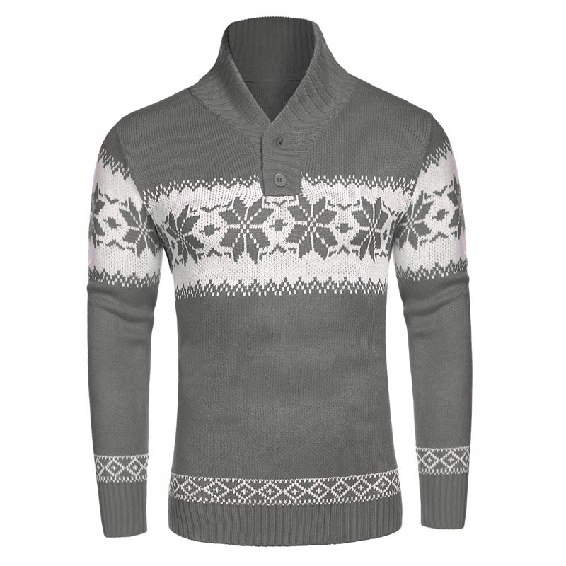 Neal | Men's Christmas Fair Isle Sweater - Snowflake Button Collar Knit