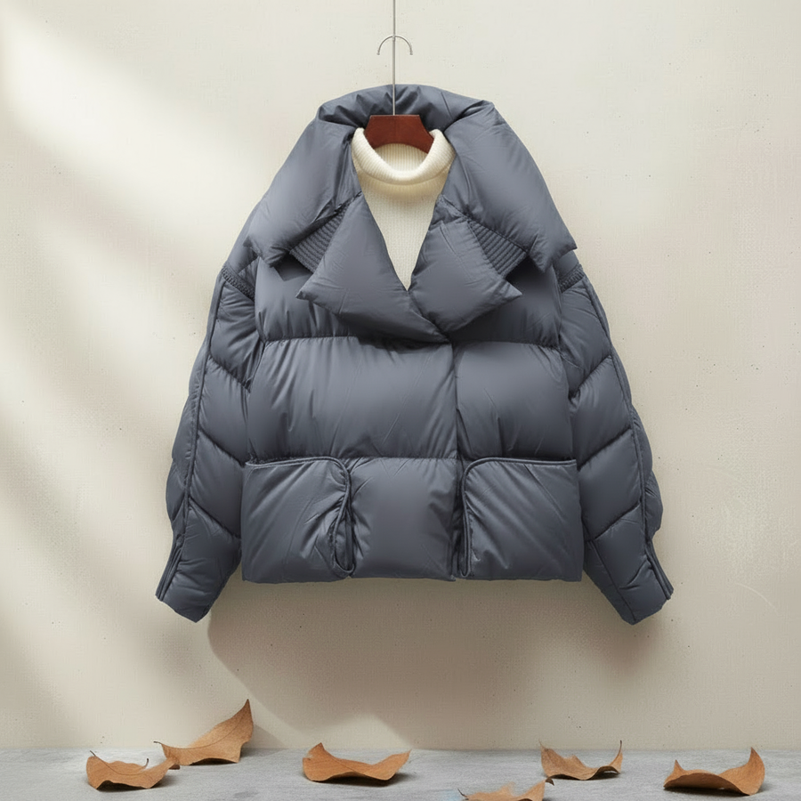 Avery | Women's Down Cropped Puffer Jacket - Oversized Collar Ribbed Cuffs