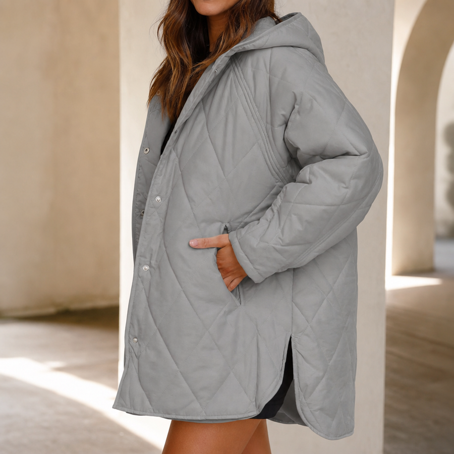 Scarlett | Women's Puffer Jacket - Diamond Quilted Hooded Hip Length