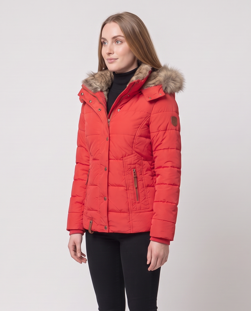 Women's quilted winter puffer jacket with a faux fur lined hood, snap button placket over a zip, zip pockets with leather pulls and a fitted waist in Red, side view