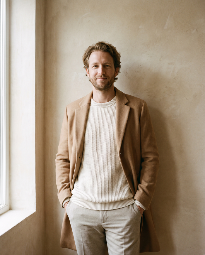 Man in a camel wool overcoat
