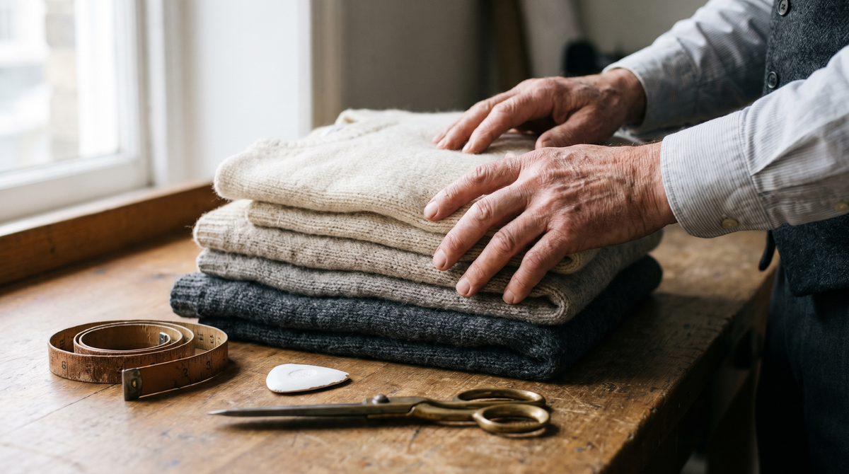 Hands folding wool knitwear on an oak workbench