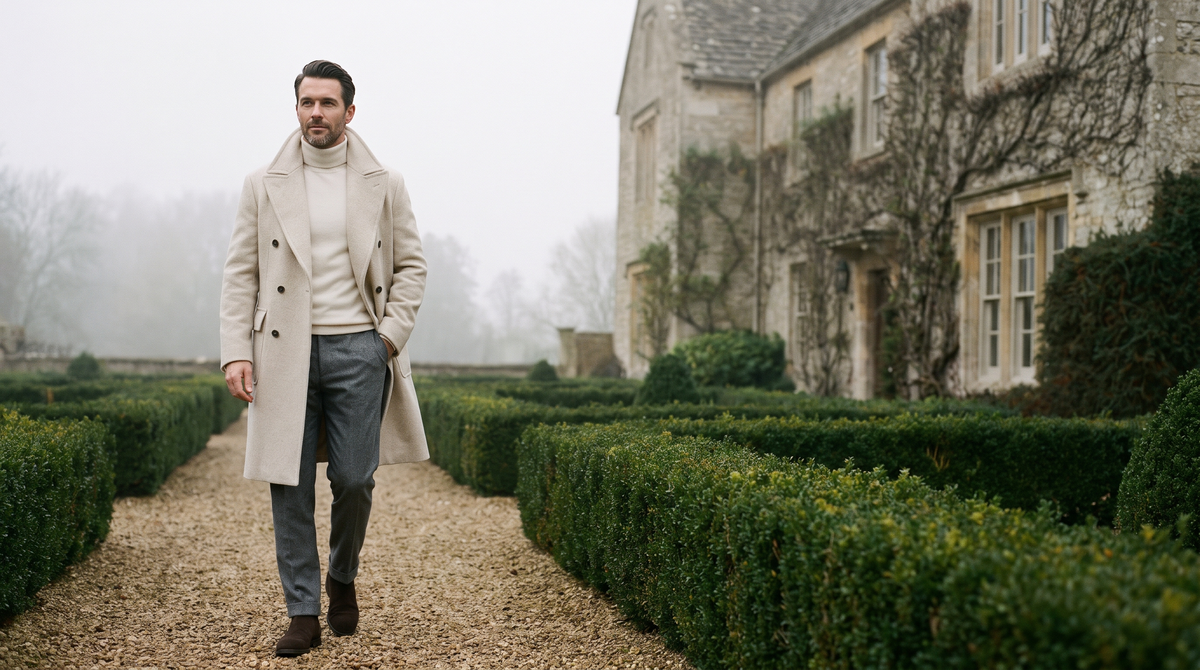 Man in an ivory double-breasted overcoat walking toward a country manor