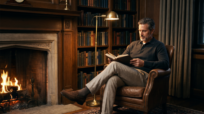 Man reading by the fireplace in a wood-panelled library