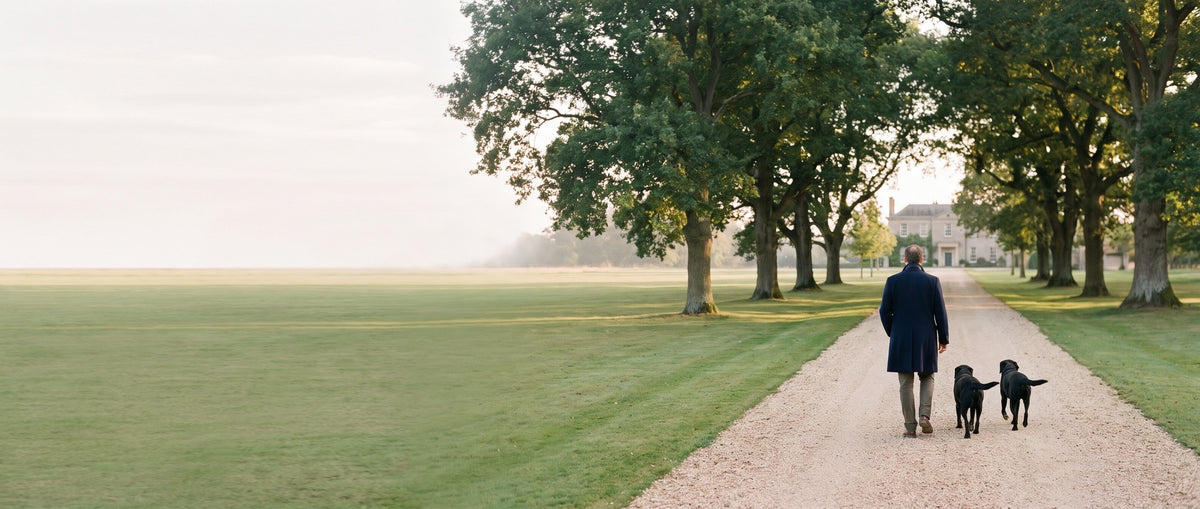 Man walking two black labradors down an estate drive