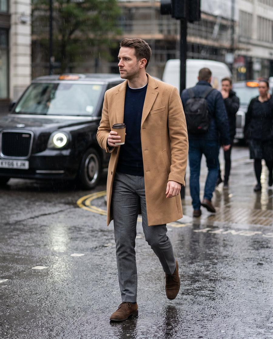 Man in a camel overcoat crossing a London street