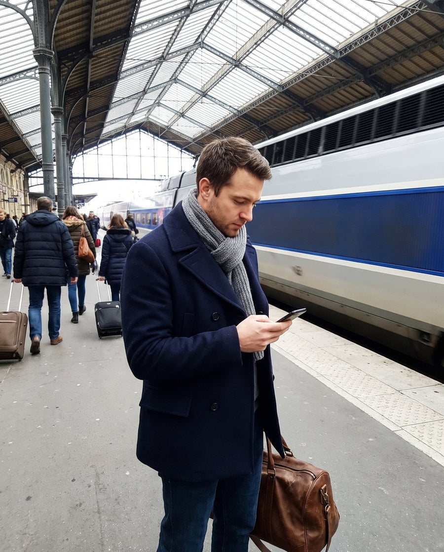 Man in a navy peacoat at a train station