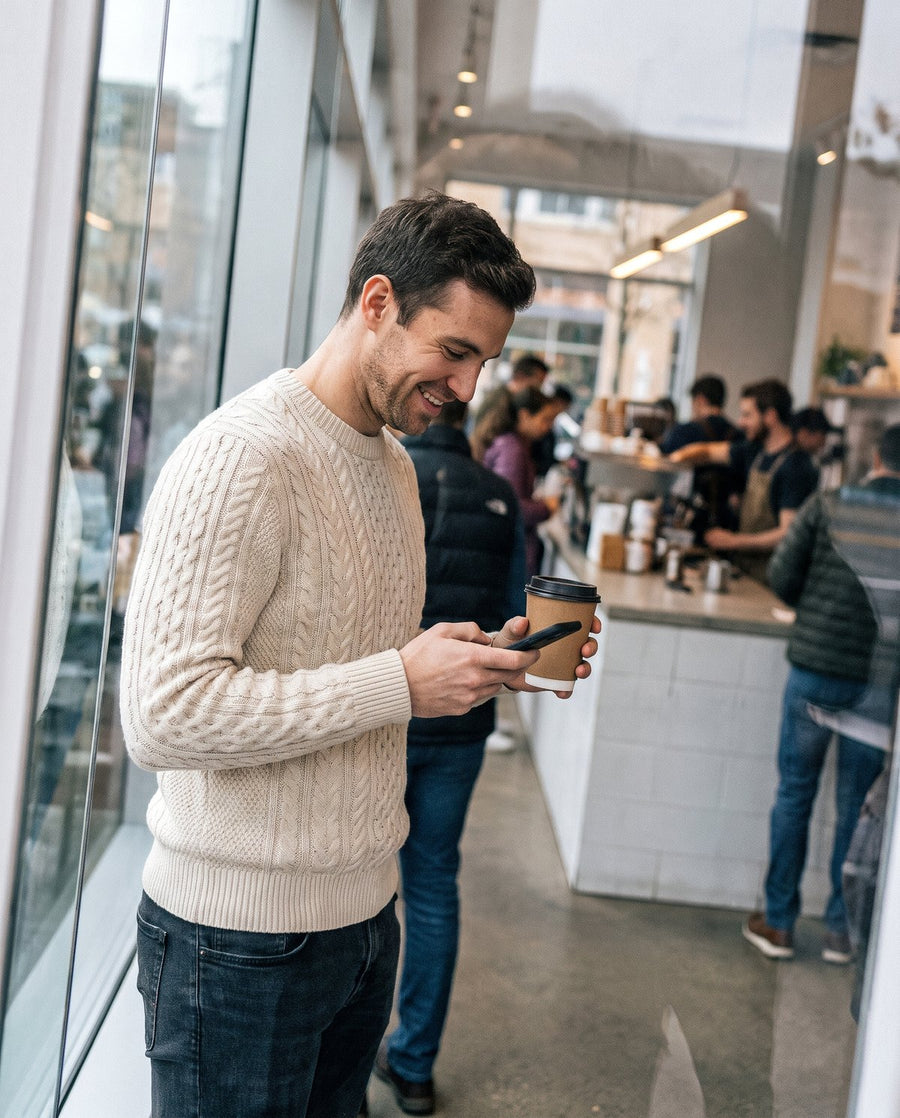 Man in a cream cable knit sweater at a coffee shop