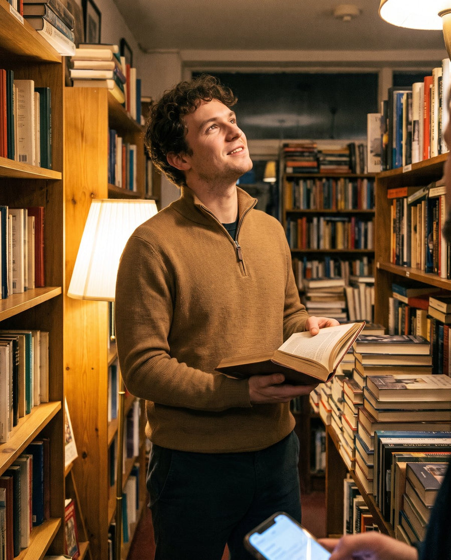 Man in a camel quarter zip in a bookshop