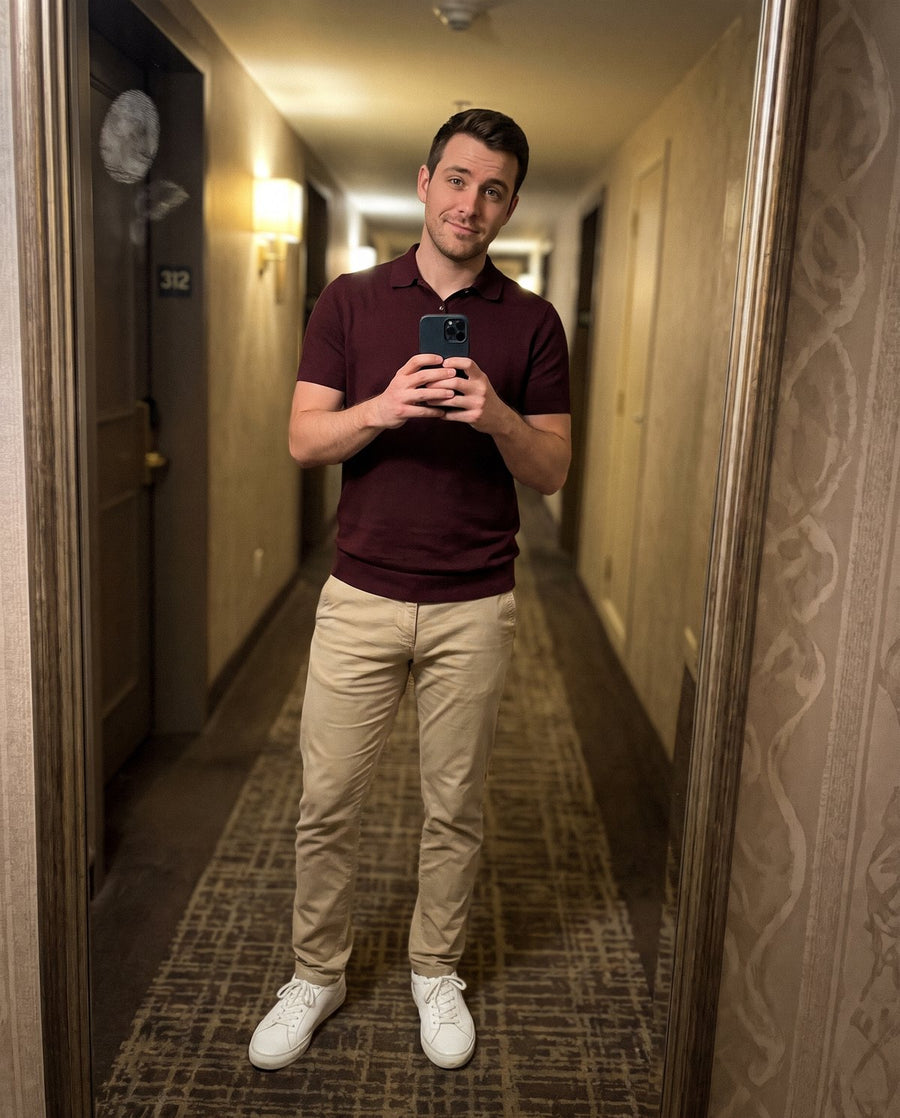 Man in a burgundy knit polo