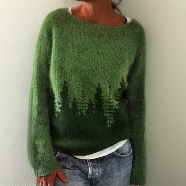 Carly | Women's Oversized Crew Neck Sweater - Fuzzy Knit Forest Tree Print