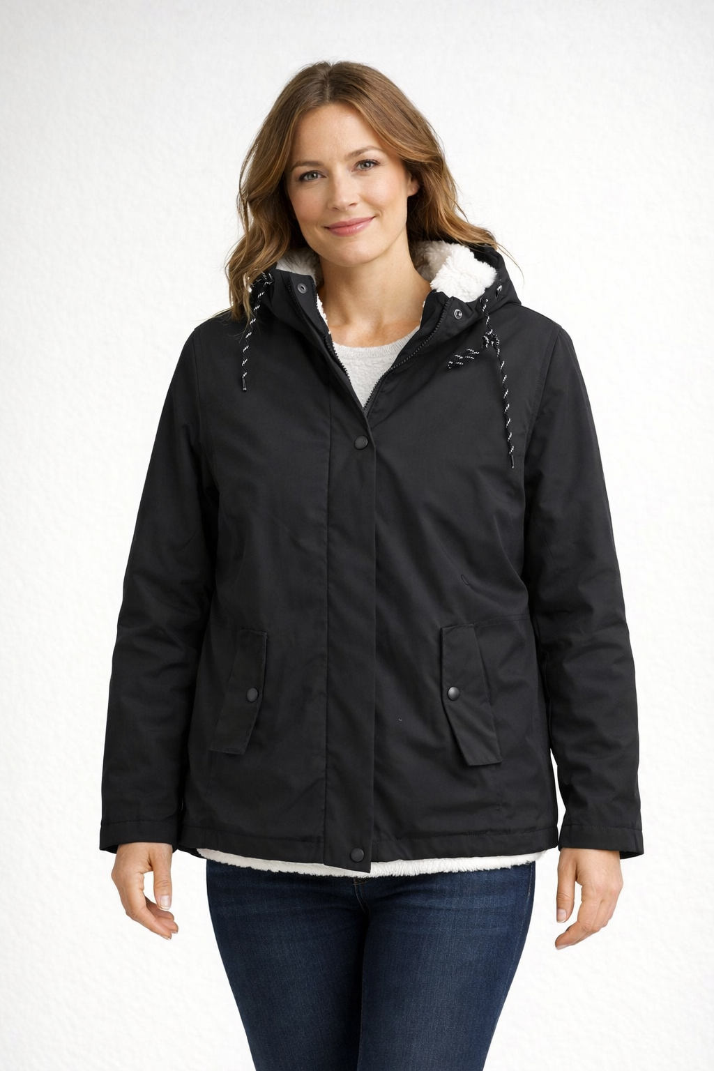 Emily | Women's Jacket - Fleece-Lined Parka Drawstring Hood Snap Pockets