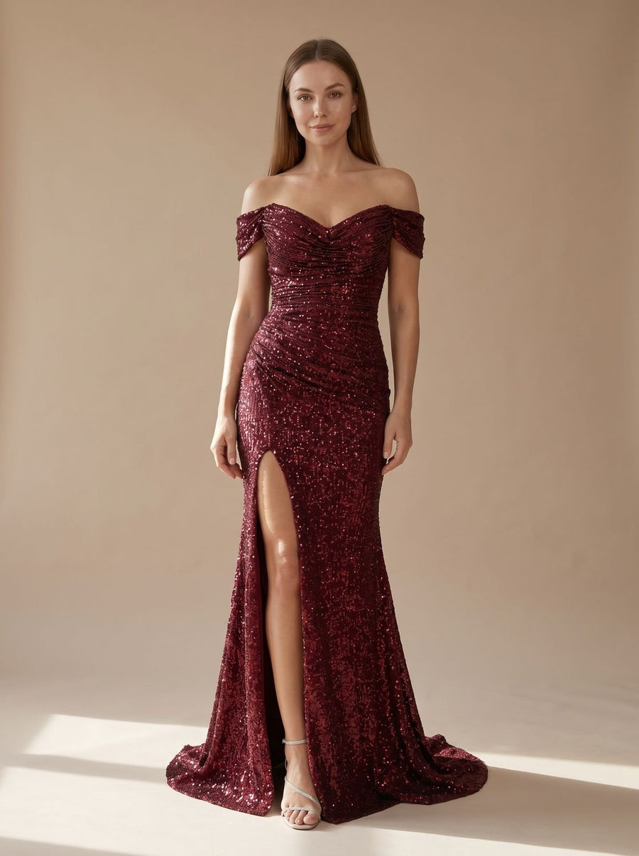 Trisha | Women's Holiday Dress - Off Shoulder Sequin Side Slit Maxi