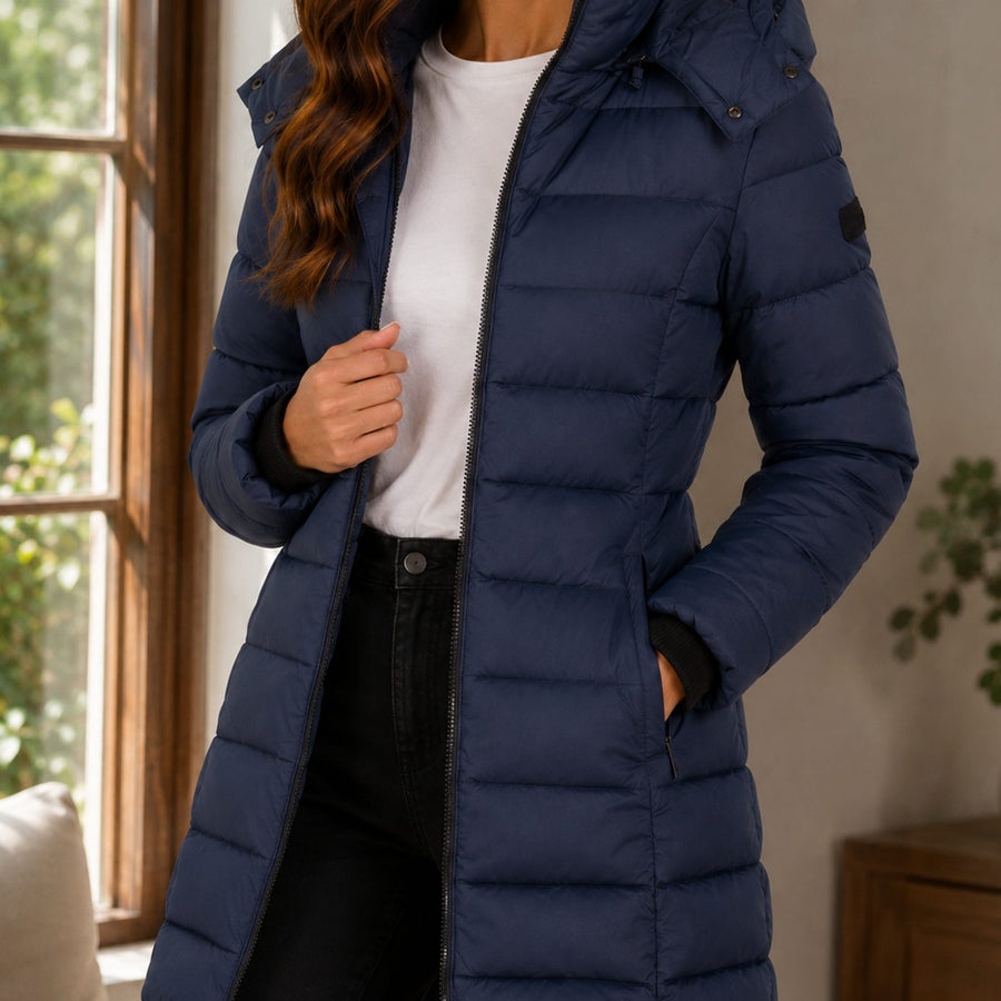 Leticia | Women's Winter Coat - Quilted Longline Padded Hood Zip Front